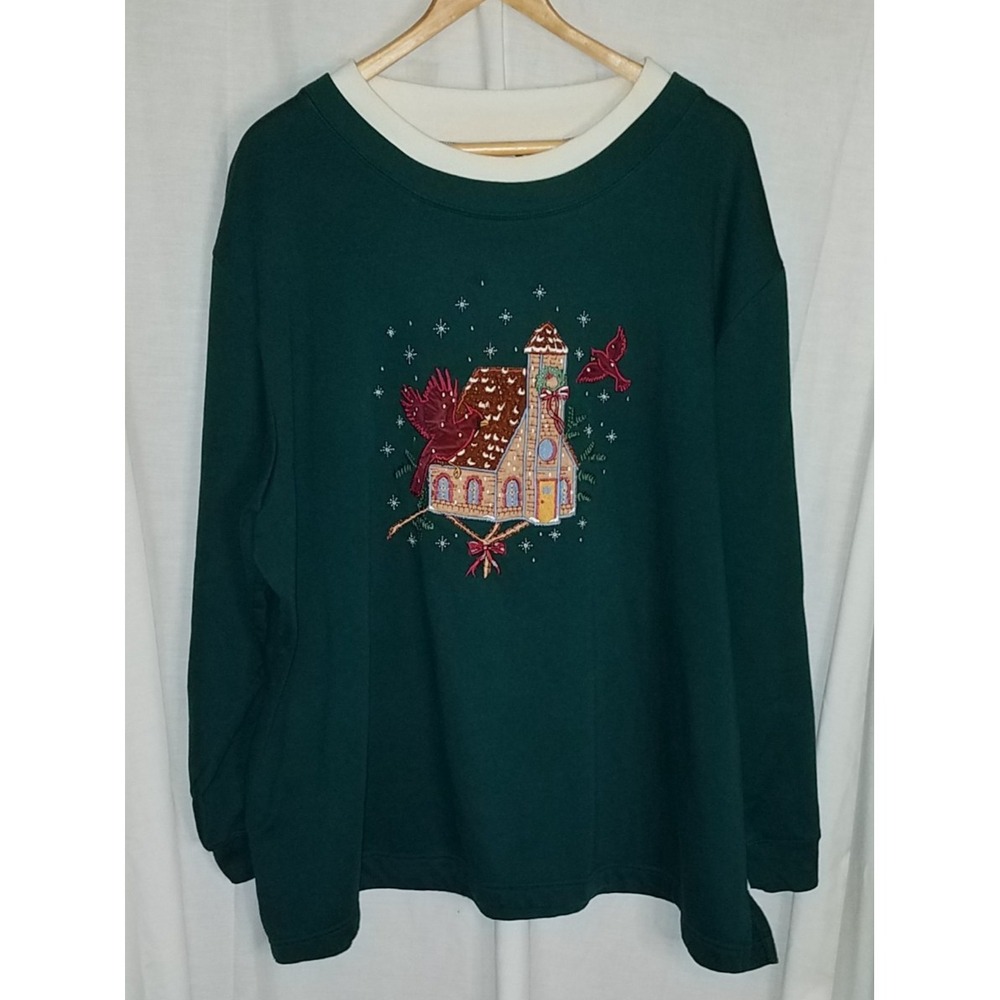 VTG Bobbie Brooks Women Green Sweatshirt Bird Christmas Chruch Long Sleeve 22/24